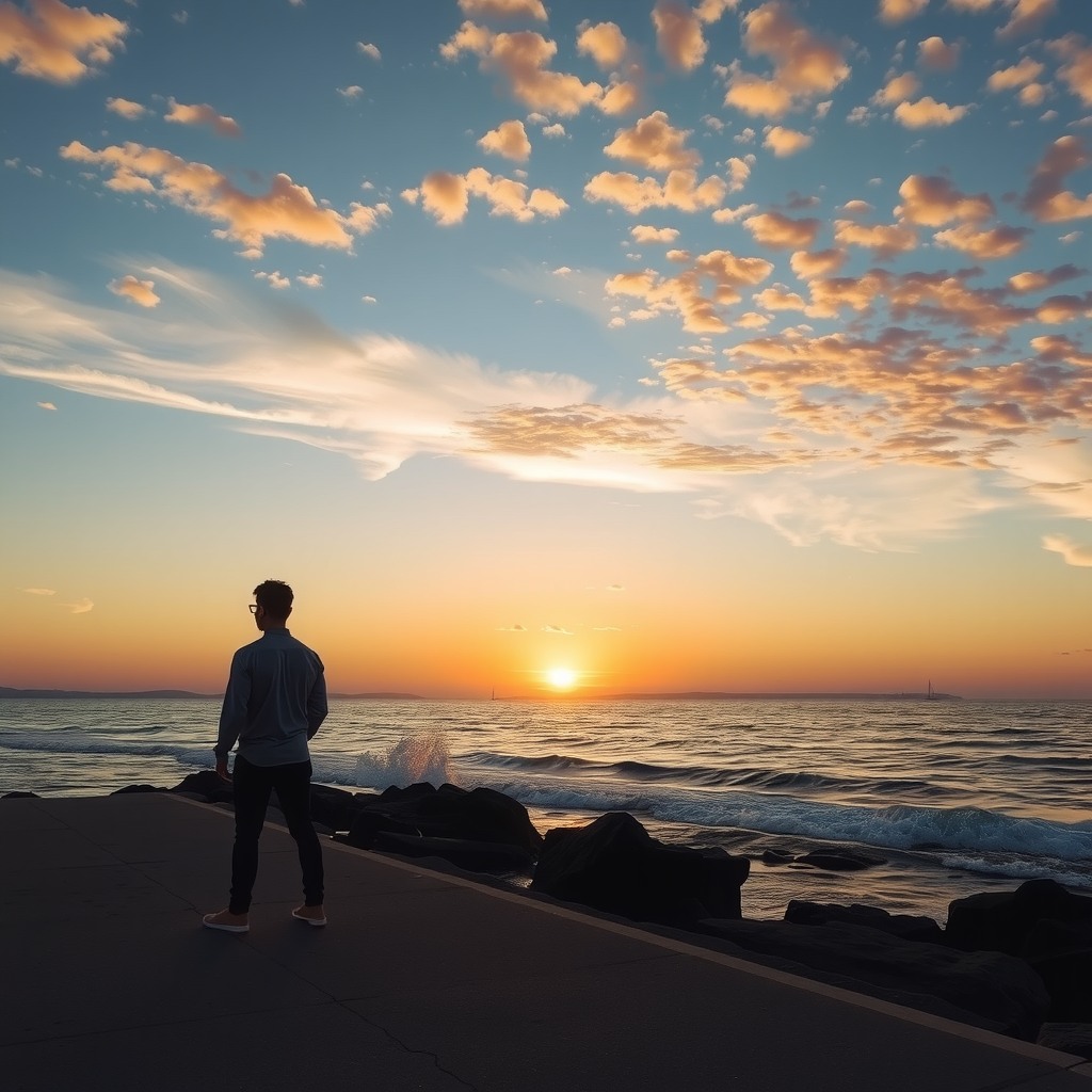 Photo-realistic editorial photography, realistic scene representing seaside sunset