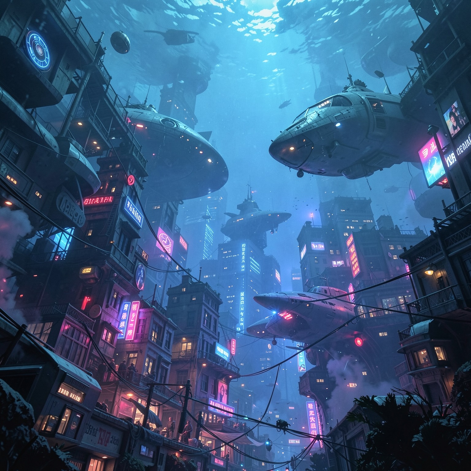 underwater cyberpunk city with neon lights and futuristic submarines