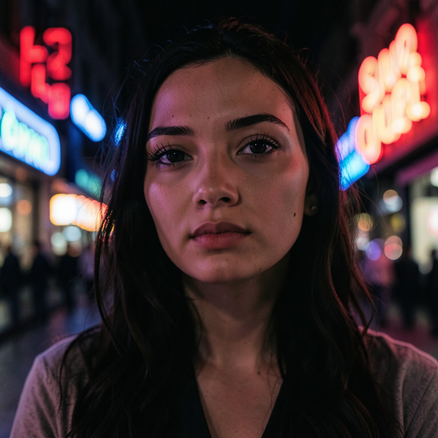 Cinematic close-up of woman illuminated by neon signs at night
