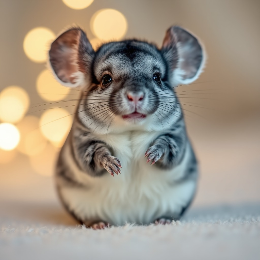 tiny chinchilla, bokeh background, plush toy proportions