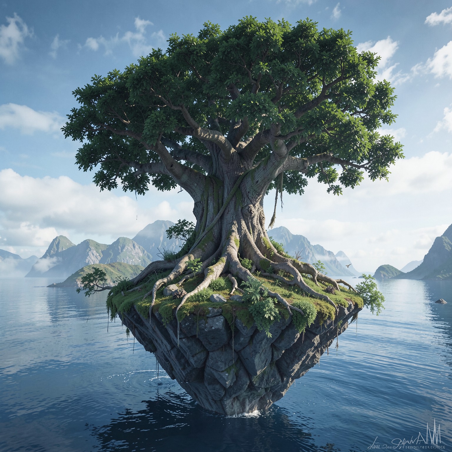 Floating island with giant ancient tree