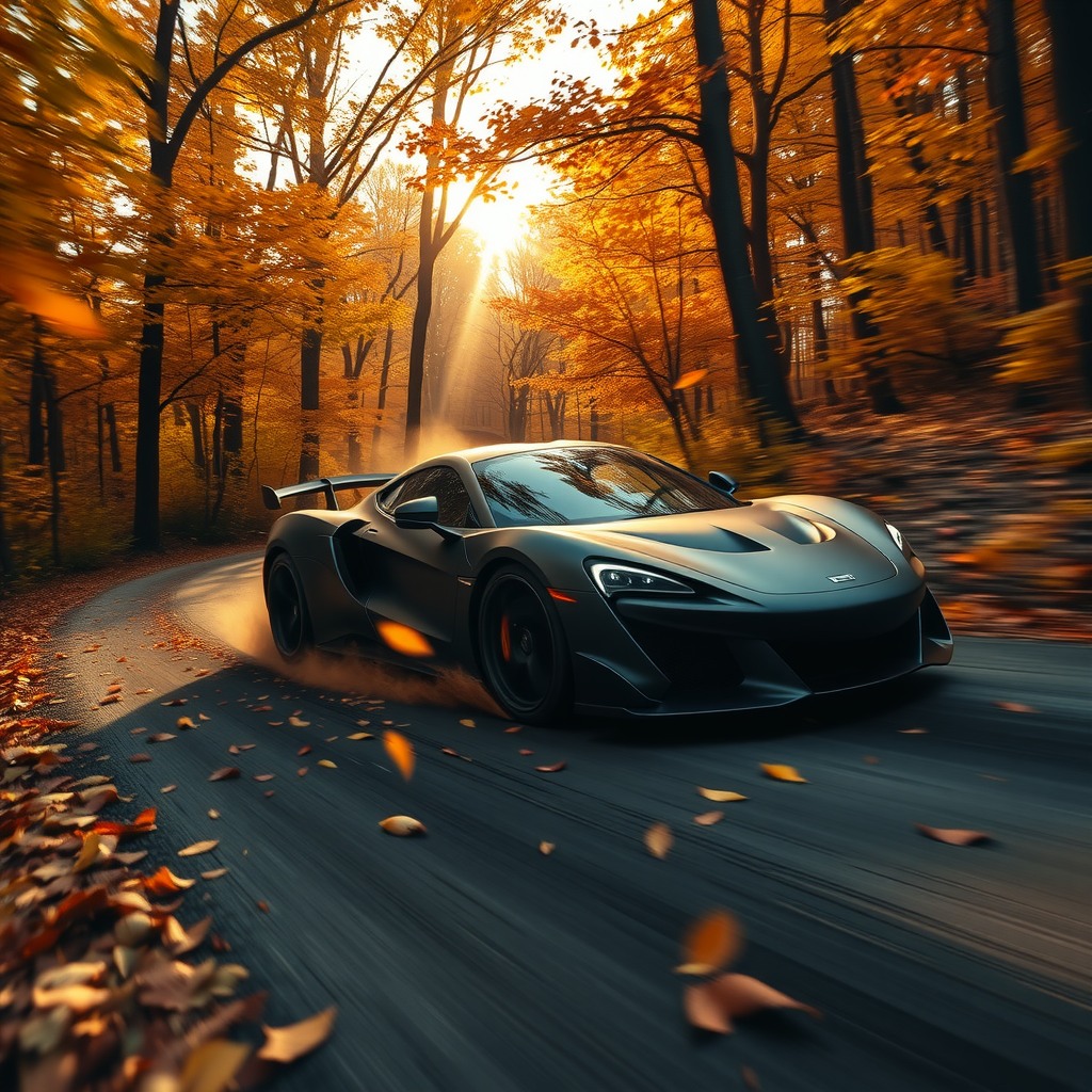 A matte black sports car tears through a dense autumn forest, leaves exploding into the air behind it in a vibrant storm of gold, orange, and red. the camera chases tightly from just behind, weaving through trees at impossible speeds, dipping low with every sharp drift. sunlight filters through the canopy in golden shafts, briefly lighting up the windshield like a spark of fire. the road is narrow, winding, slick with fallen leaves. tires screech, birds scatter. the car blurs briefly with motion, then snaps into focus as it bursts around corners. shot in ultra-realistic, high-frame-rate slow motion with rich cinematic depth and hyper-saturated fall colors.