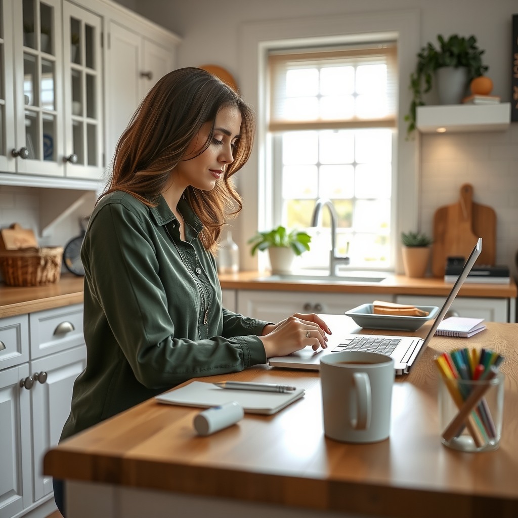 Photo-realistic editorial photography, realistic scene representing a woman working remotely from kitchen table
