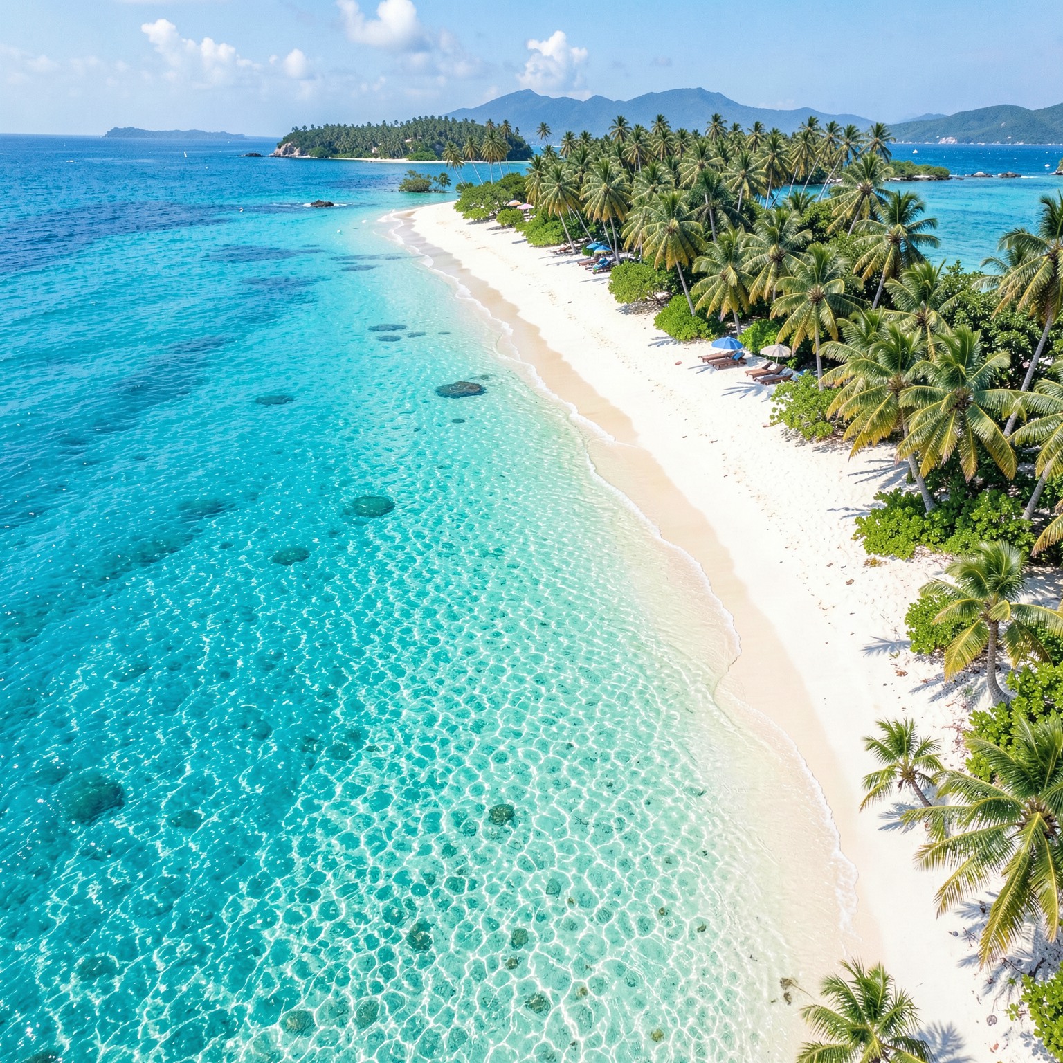 Tropical beach paradise with crystal clear water and palm trees, drone perspective