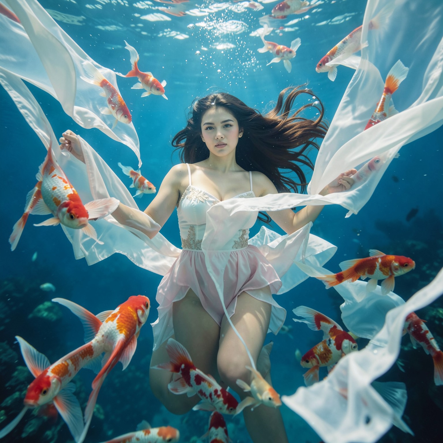 Beautiful woman underwater surrounded by koi fish and floating silk fabric