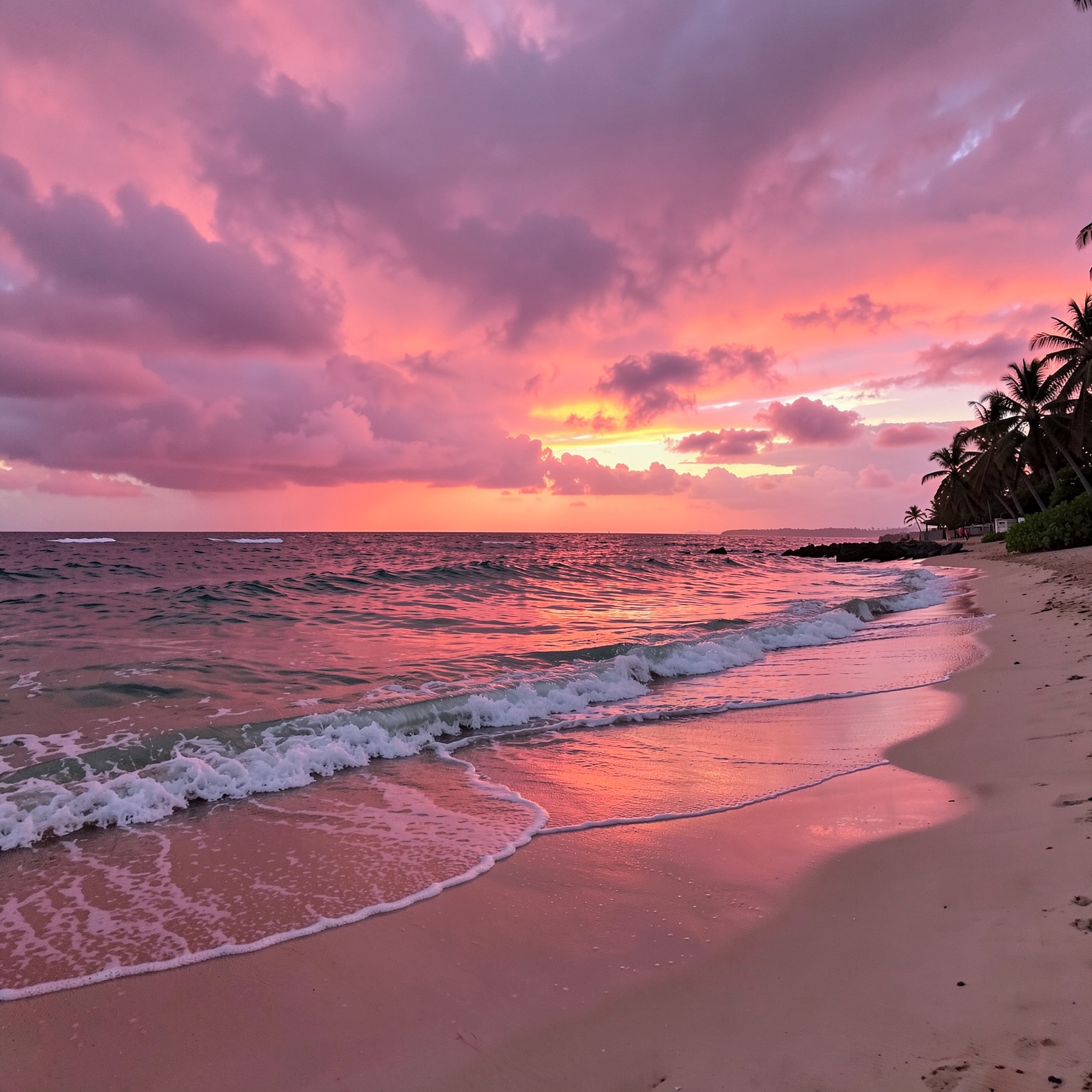 Tropical beach during pink storm clouds and glowing ocean waves