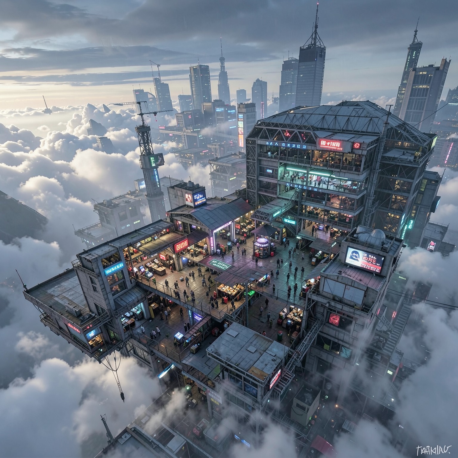 floating cyberpunk marketplace above clouds