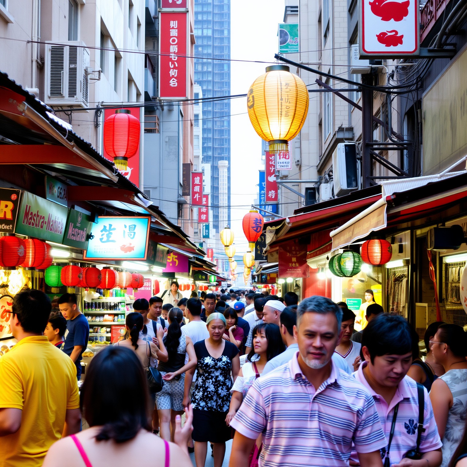 Vibrant street market in an Asian city with colorful stalls and glowing lanterns