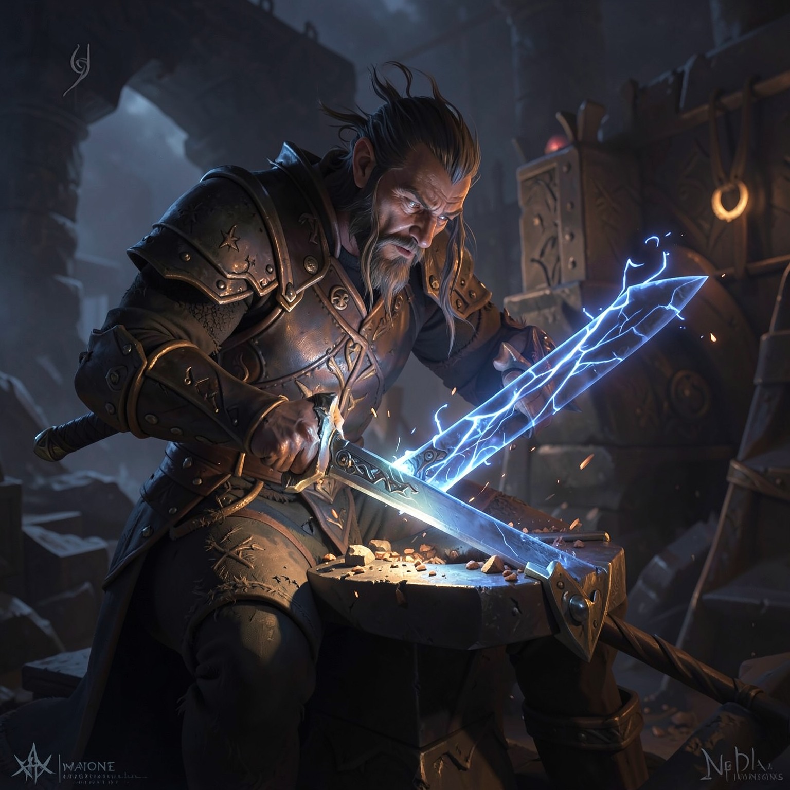Fantasy blacksmith forging magical sword