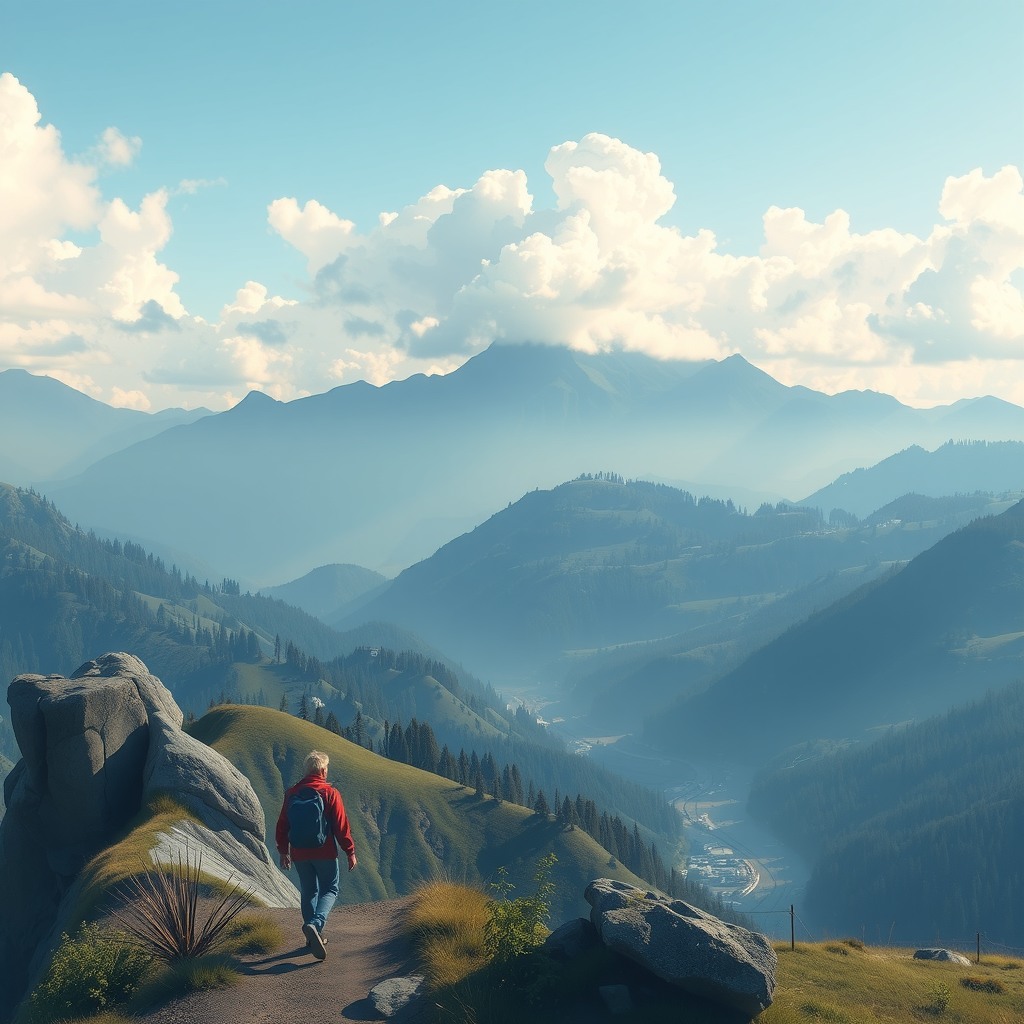 Photo-realistic editorial photography, realistic scene representing valley panorama