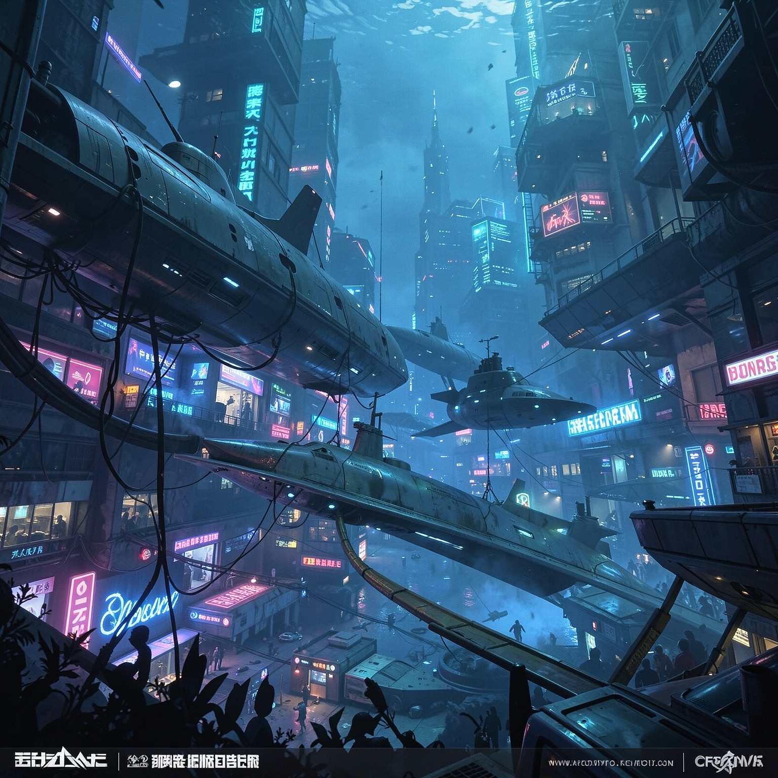 underwater cyberpunk city with neon lights and futuristic submarines