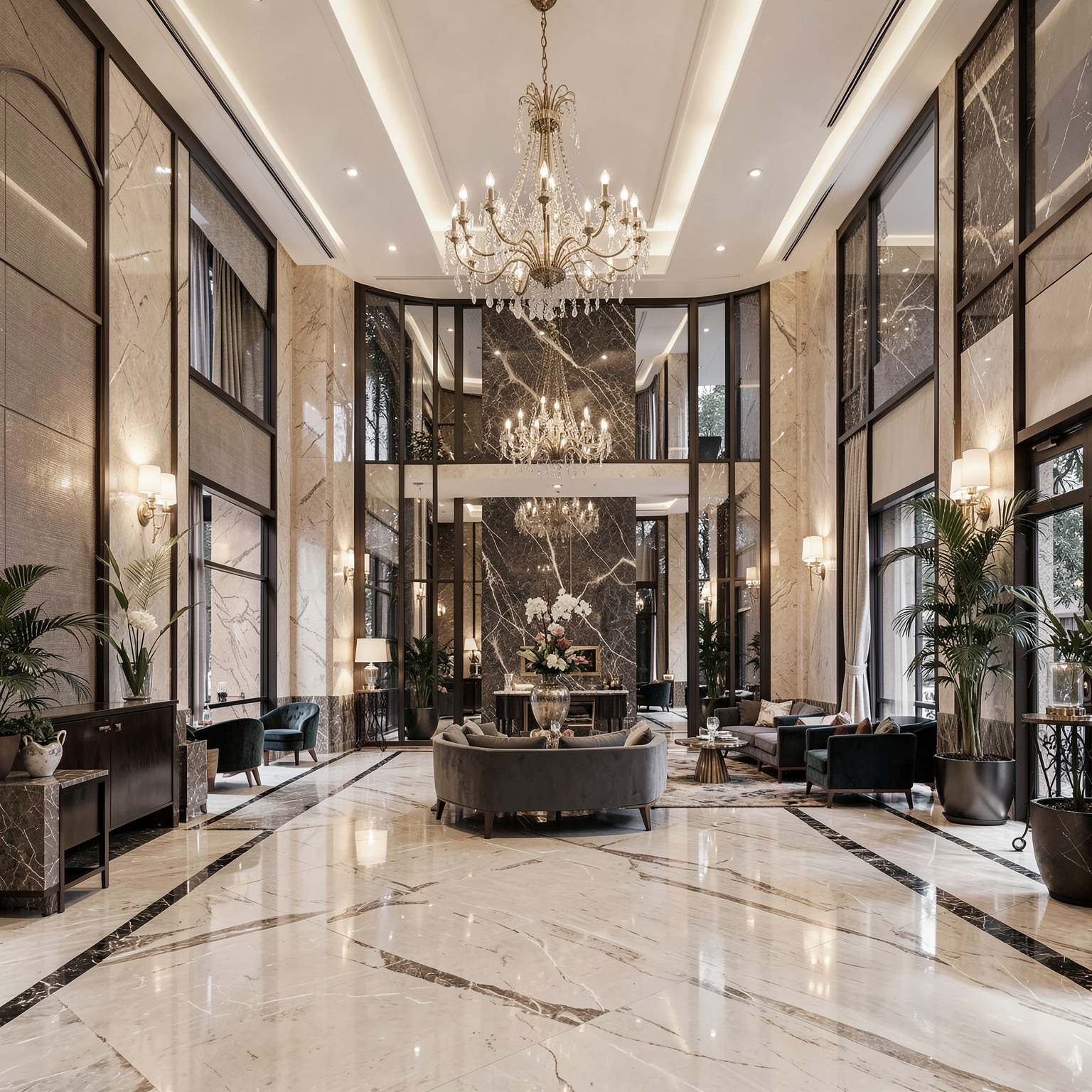 Luxury hotel lobby interior with elegant lighting and marble textures