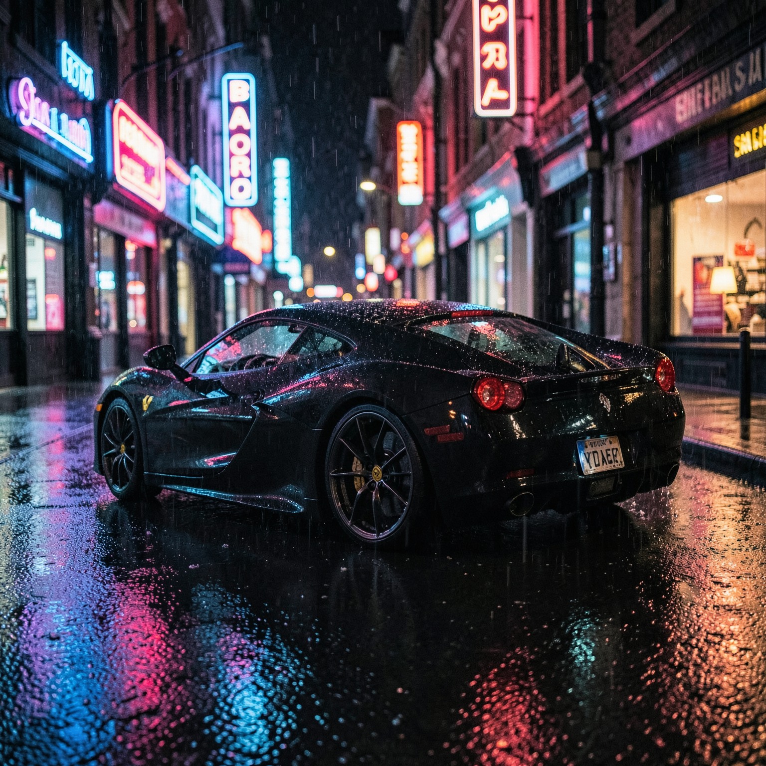 Black Ferrari parked in rainy neon street, cinematic reflections, night photography