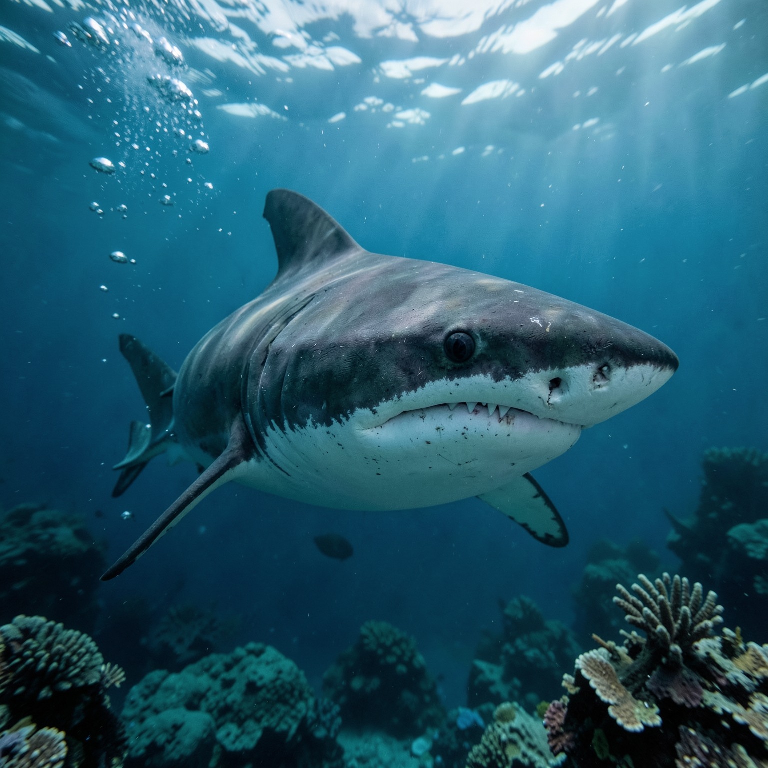 realistic shark underwater cinematic photography