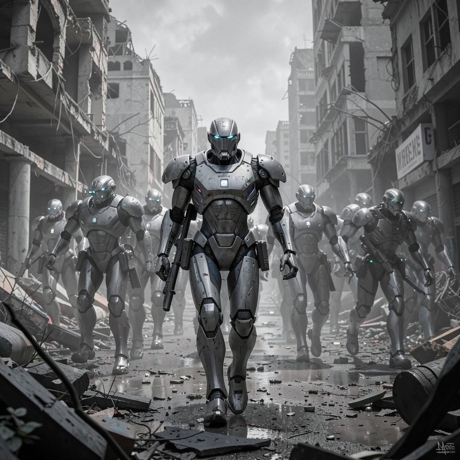 AI robot army marching through ruined city