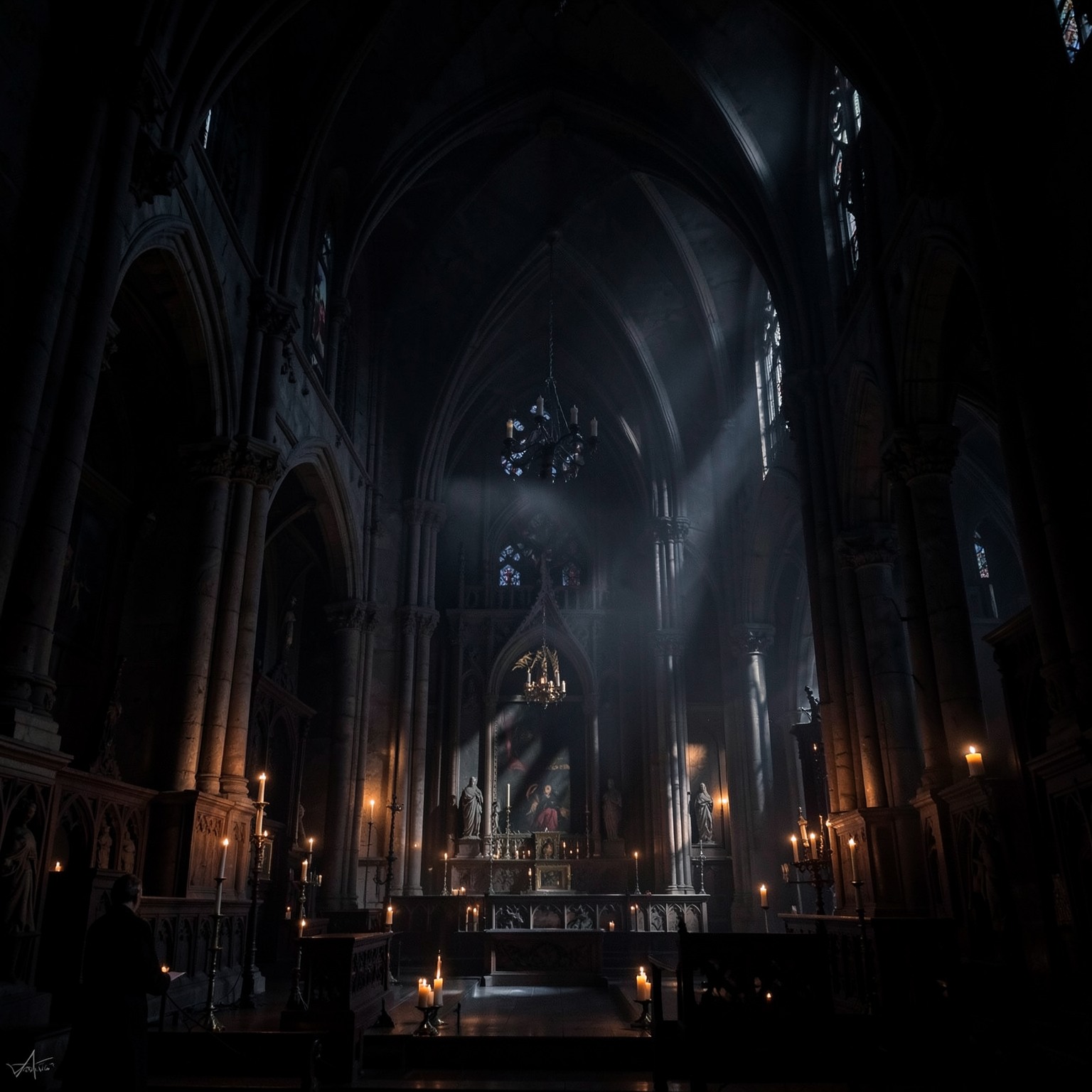 dark gothic cathedral interior with candles and dramatic shadows