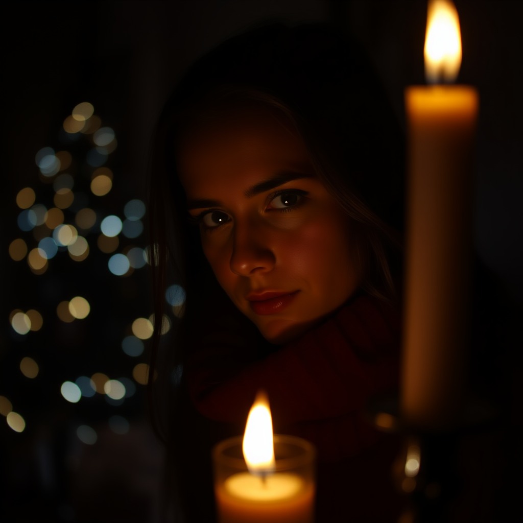 dark moody christmas portrait, candlelight, cinematic shadows