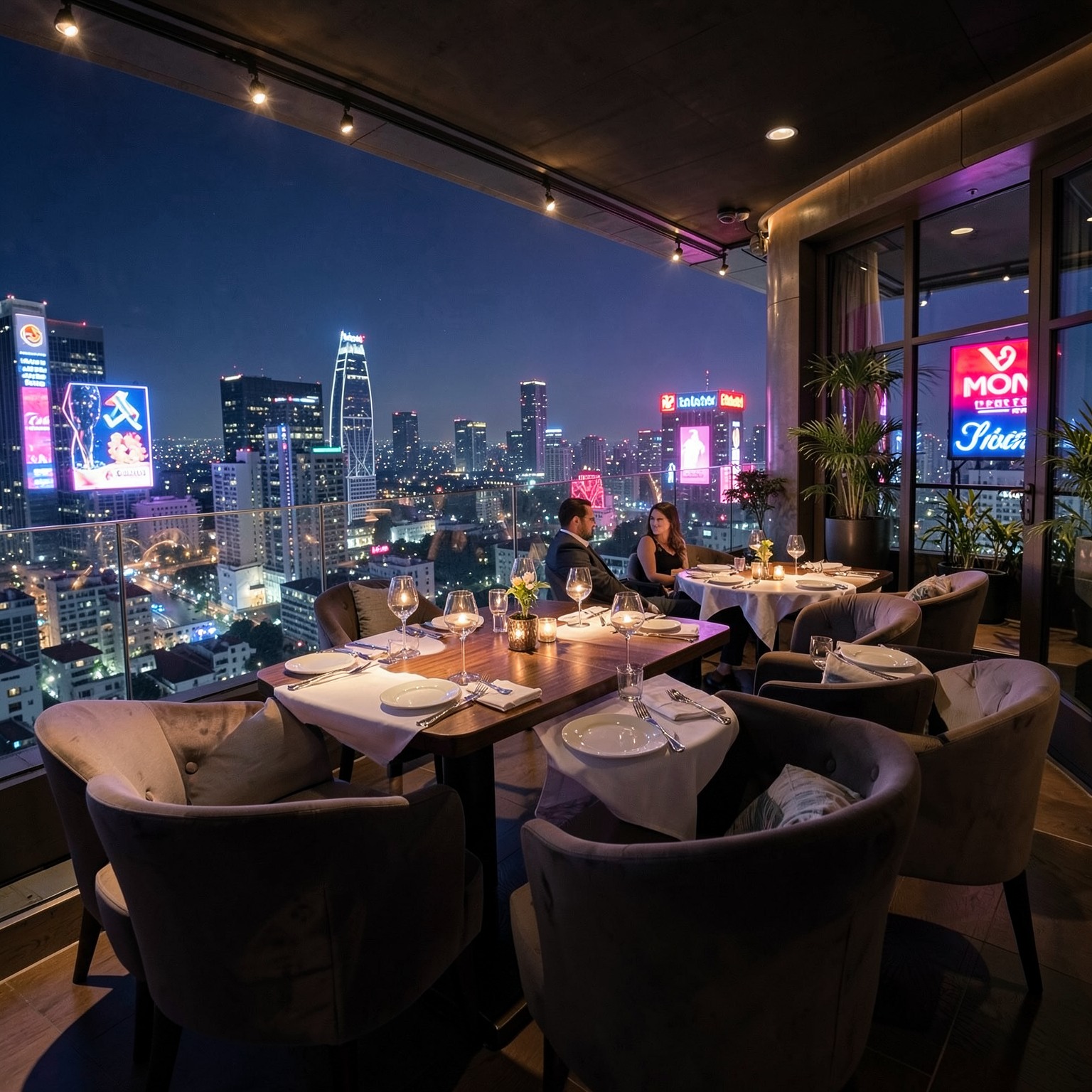 luxury rooftop restaurant overlooking neon city