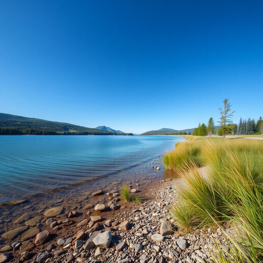 Photo-realistic editorial photography, realistic scene representing lake shoreline