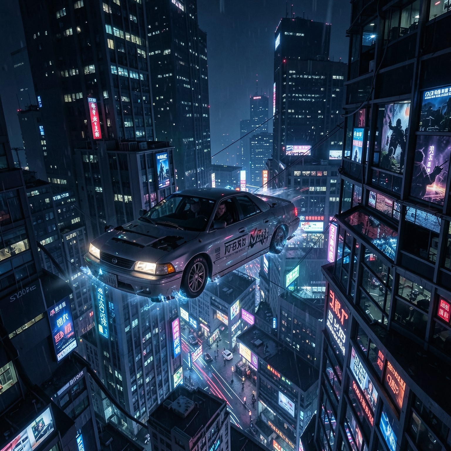 cyberpunk taxi flying between skyscrapers at night