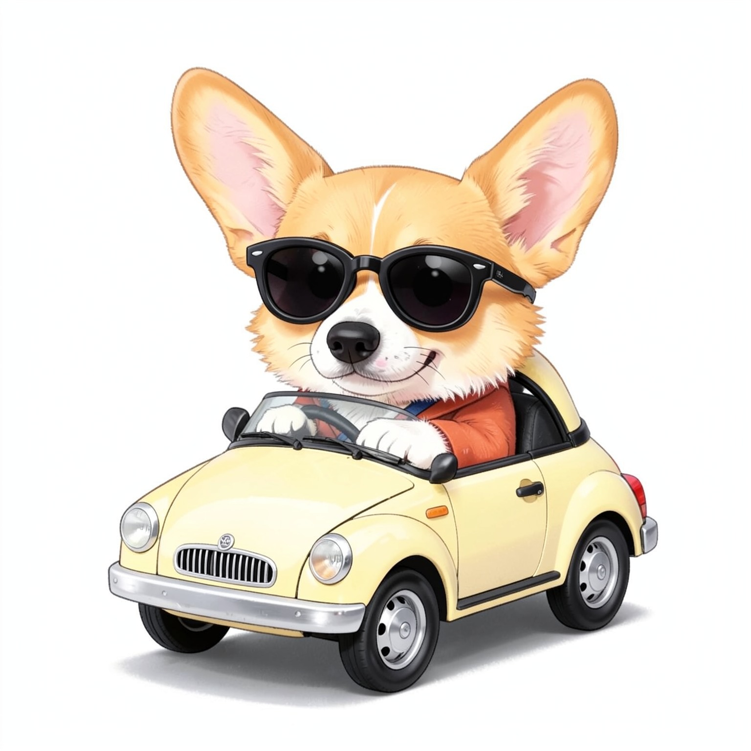 cute corgi wearing sunglasses driving tiny car