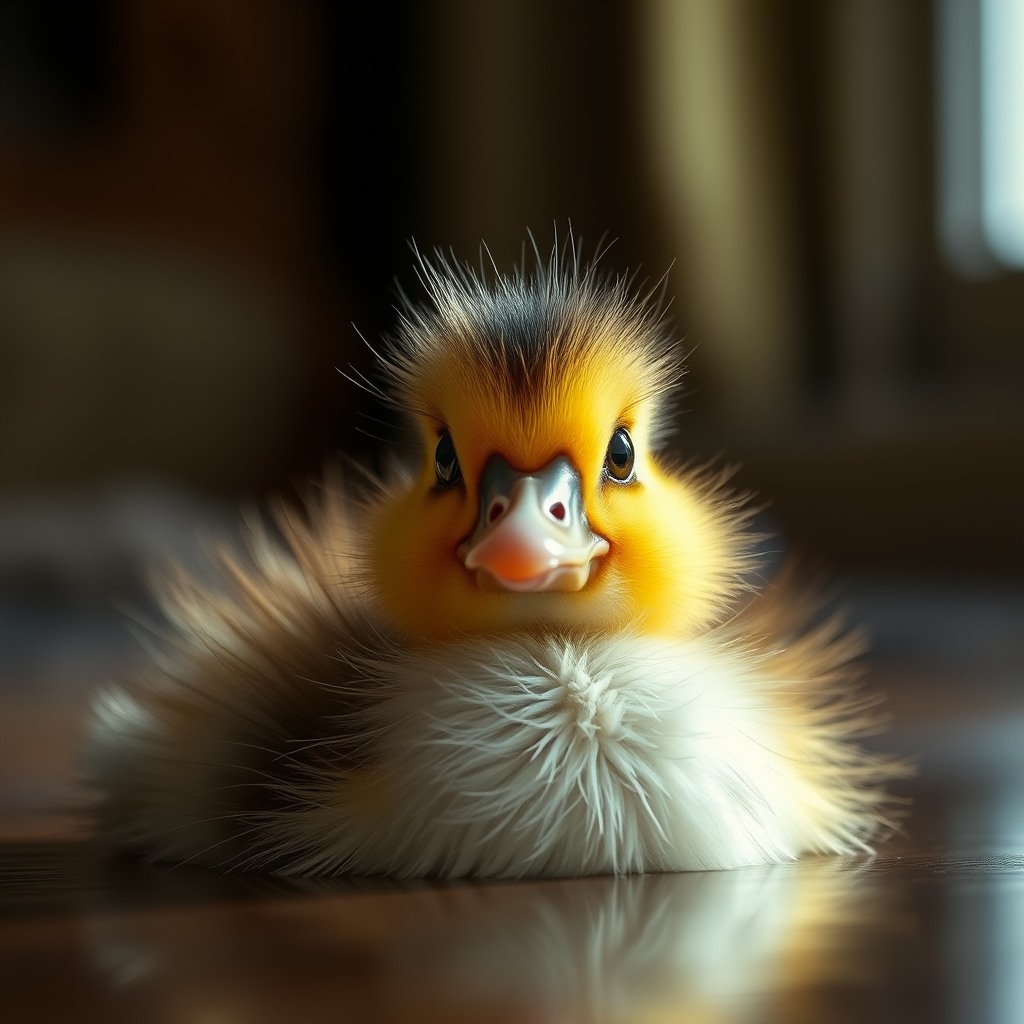fluffy duckling, cozy indoor light, big sparkling eyes