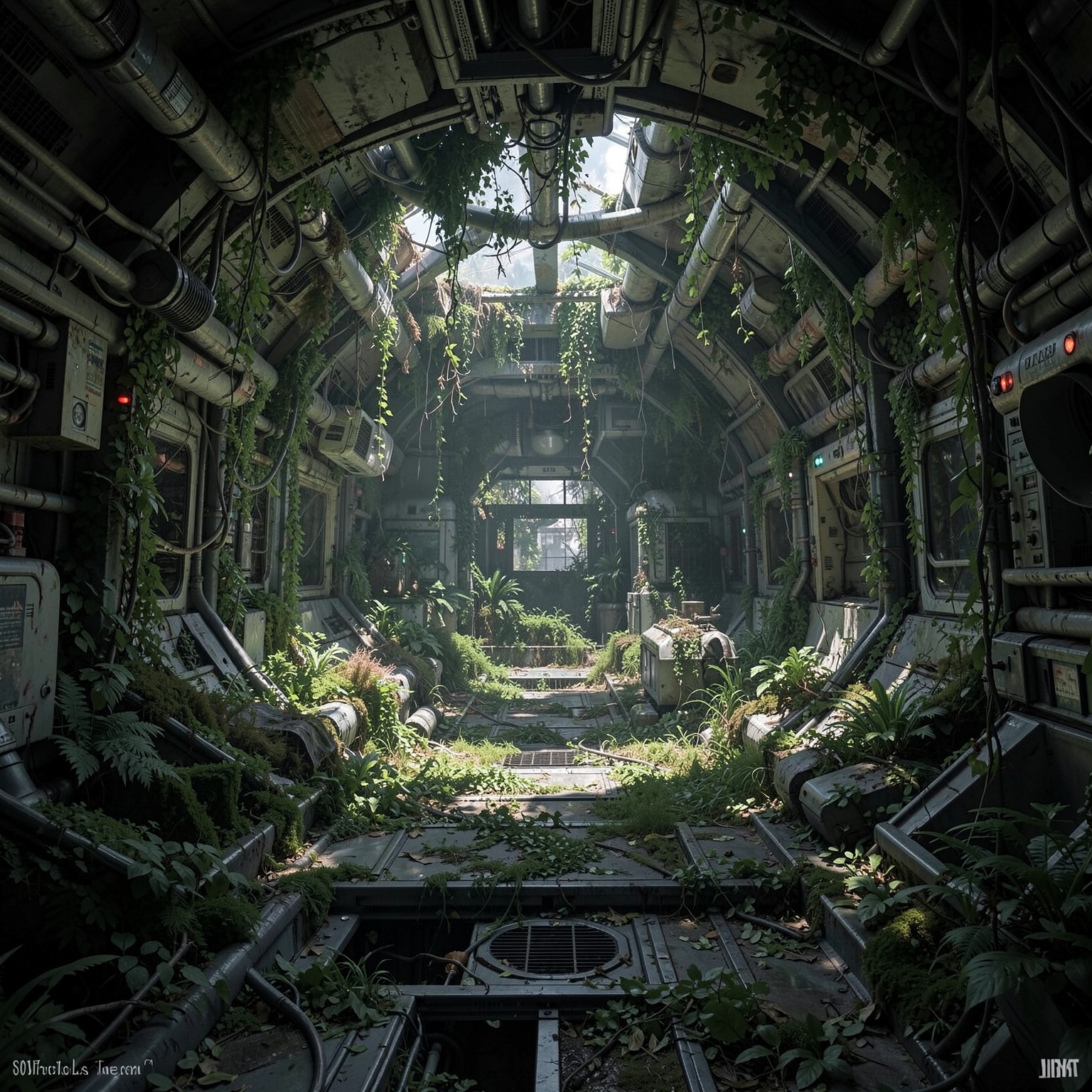abandoned space station interior covered with plants and nature reclaiming technology