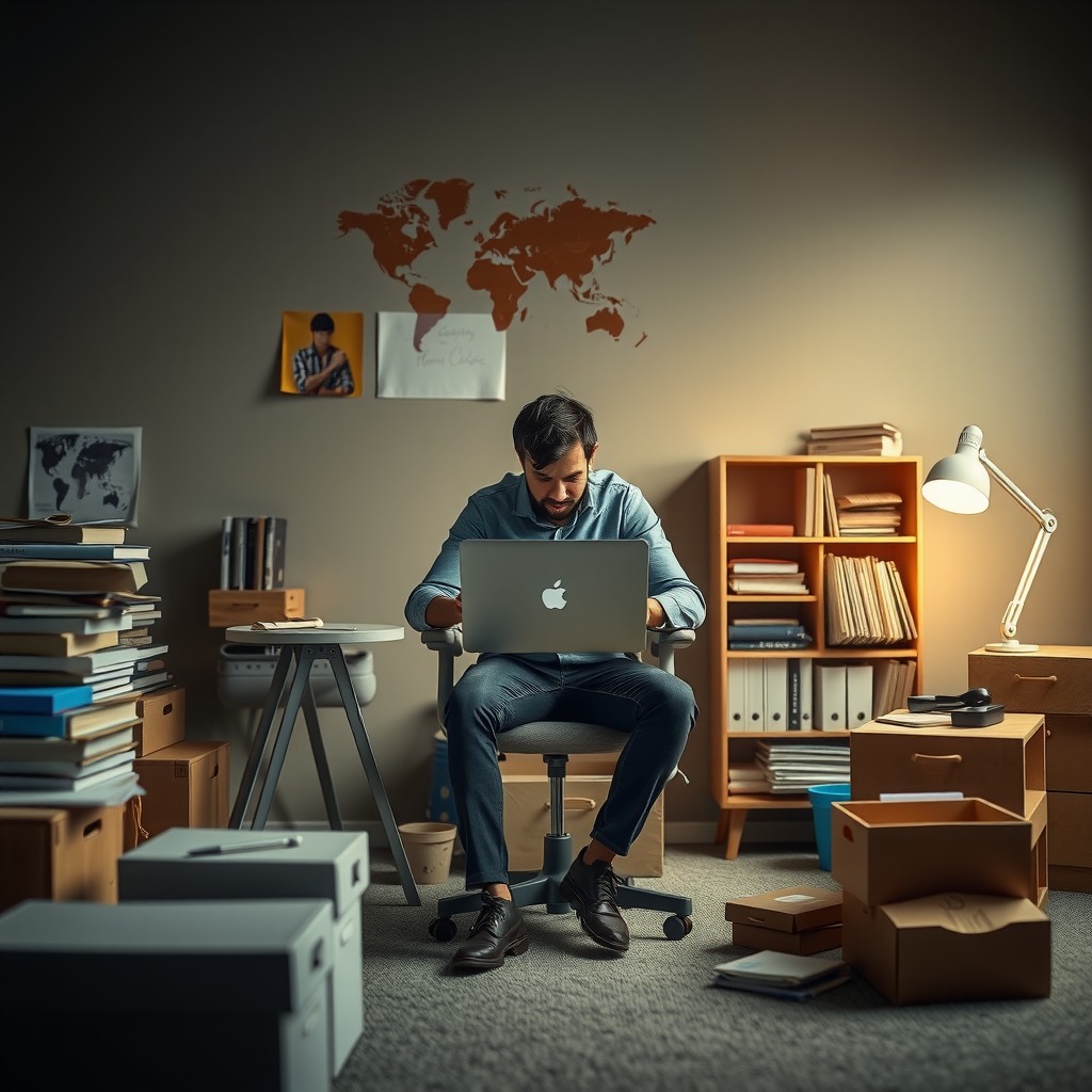 Photo-realistic editorial photography, realistic scene representing a man assembling desk furniture
