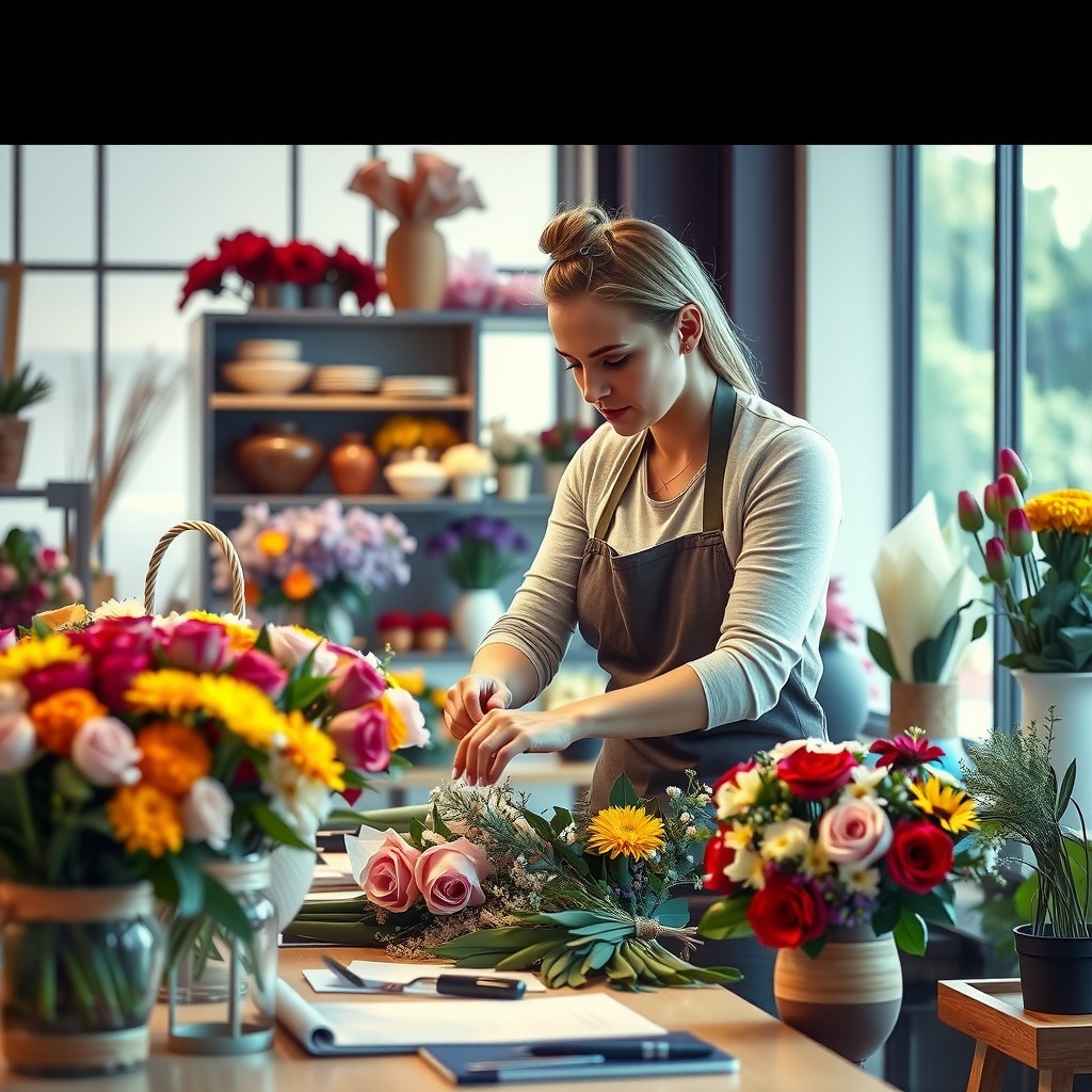 Photo-realistic editorial photography, realistic scene representing a florist arranging fresh flowers in shop
