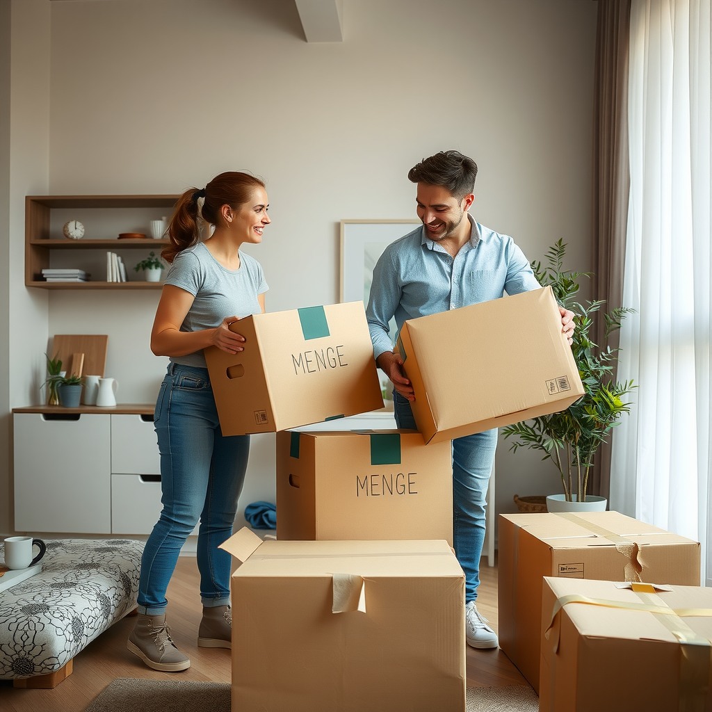 Photo-realistic editorial photography, realistic scene representing a couple unpacking boxes in new apartment