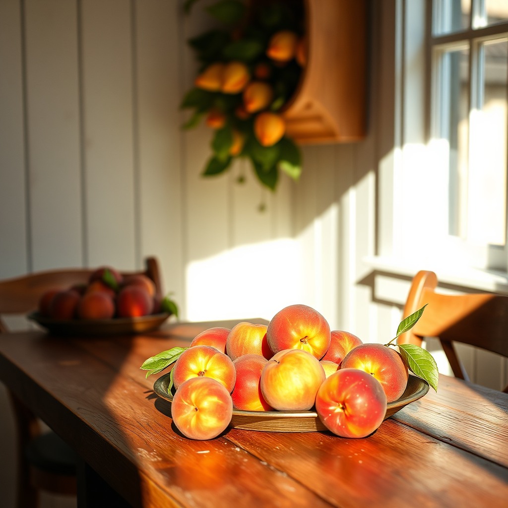 fresh peaches on rustic table, warm daylight, cozy mood