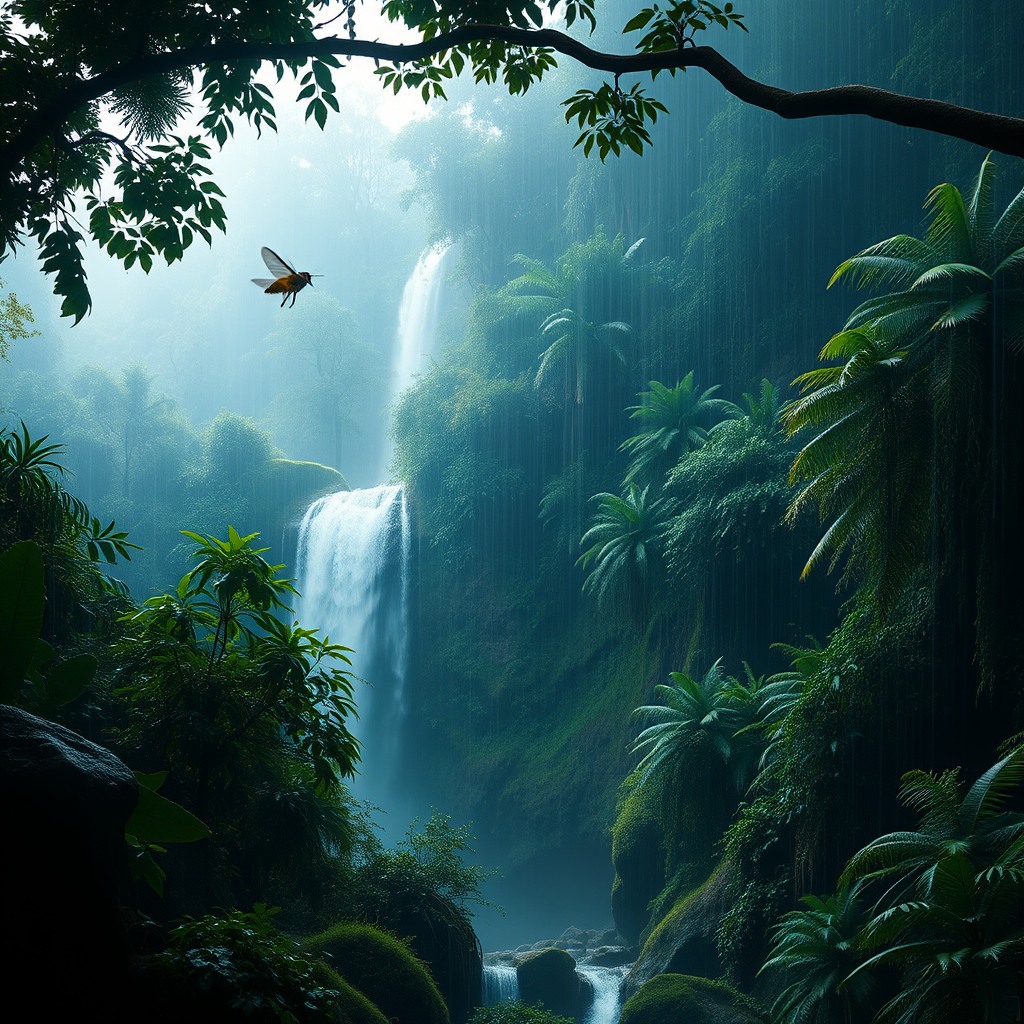 beautiful rain forest with waterfall and buterflys, hyper-realistic, cinematic lighting