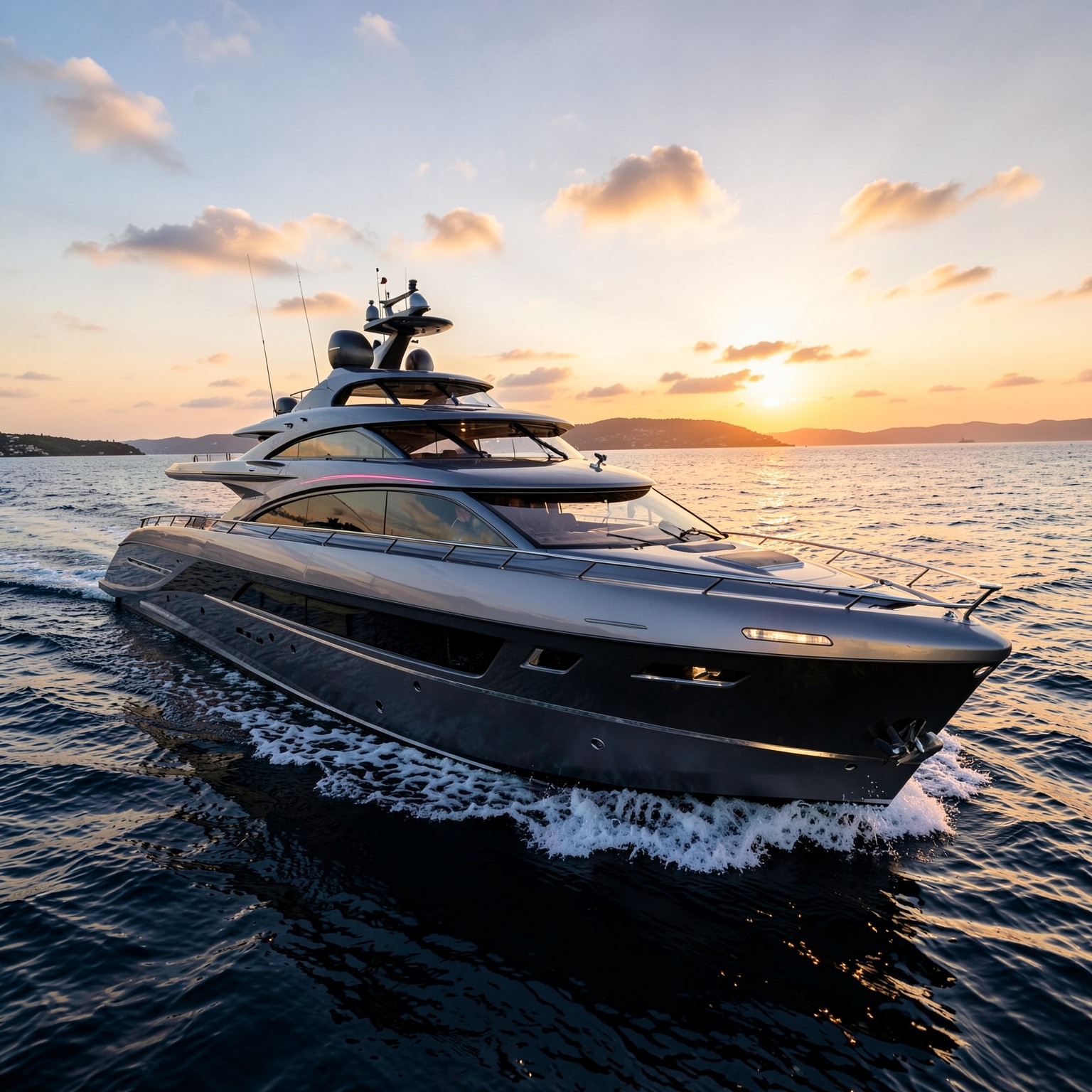 futuristic luxury yacht sailing at sunset