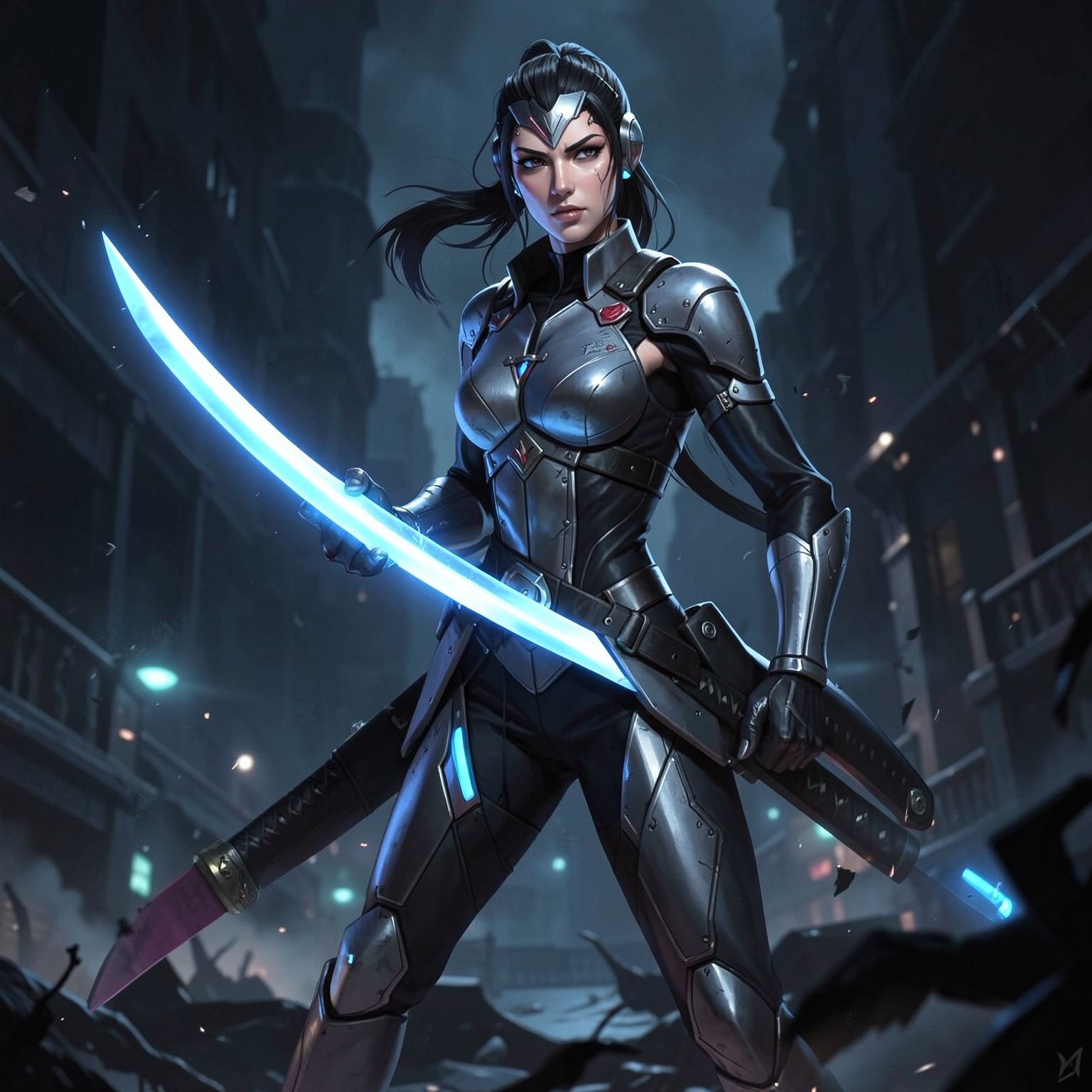 futuristic female assassin with glowing katana