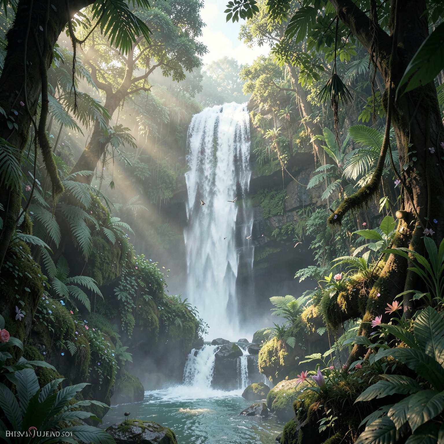 Dreamy waterfall hidden in a magical jungle, fantasy cinematic scene