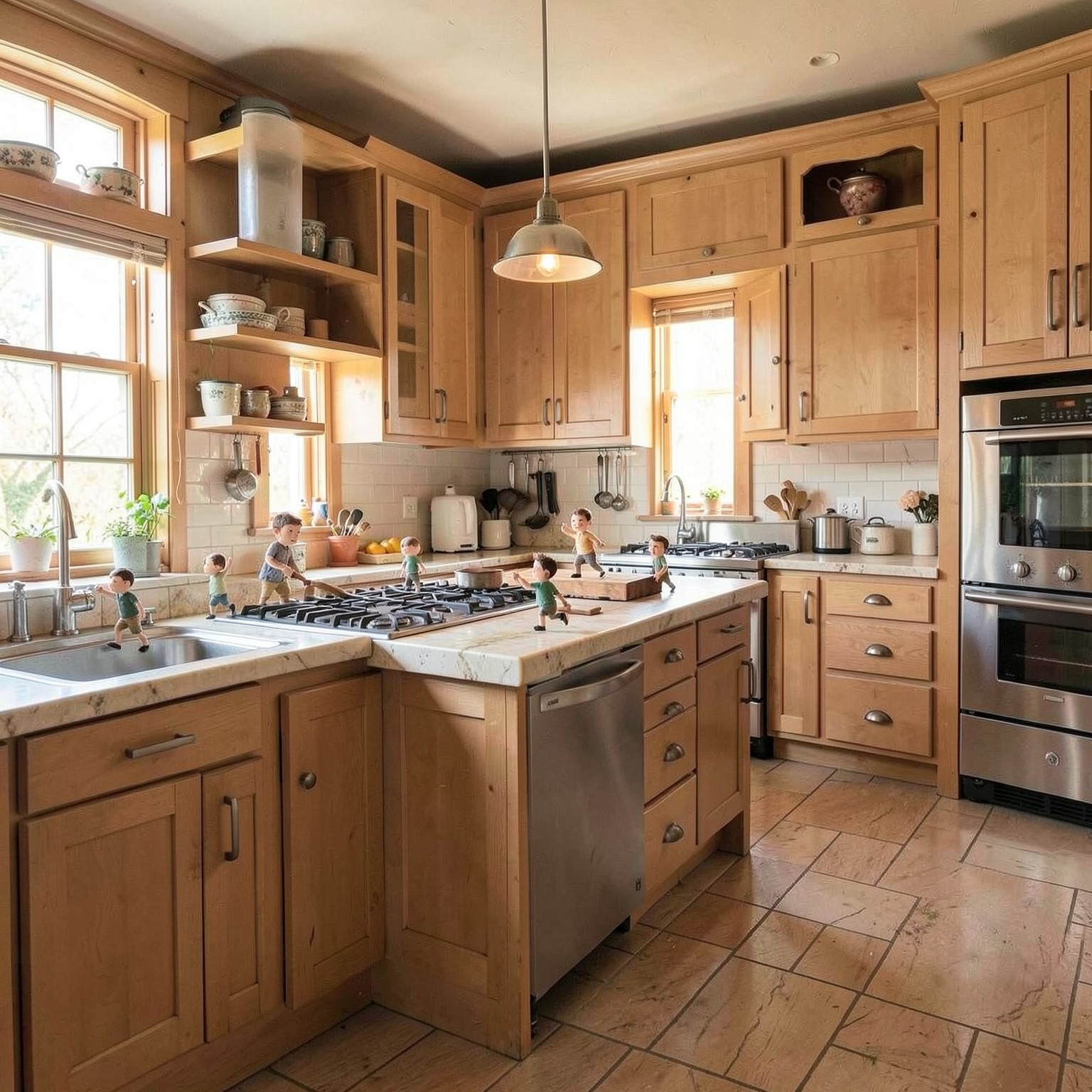 tiny humans exploring giant kitchen