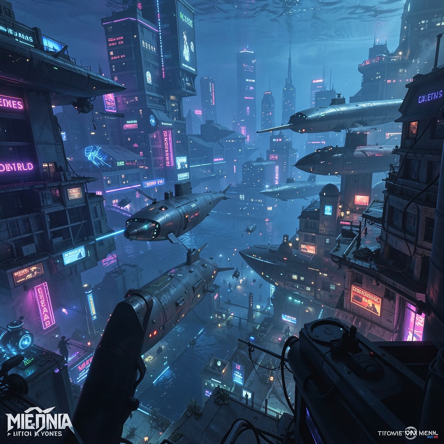 underwater cyberpunk city with neon lights and futuristic submarines