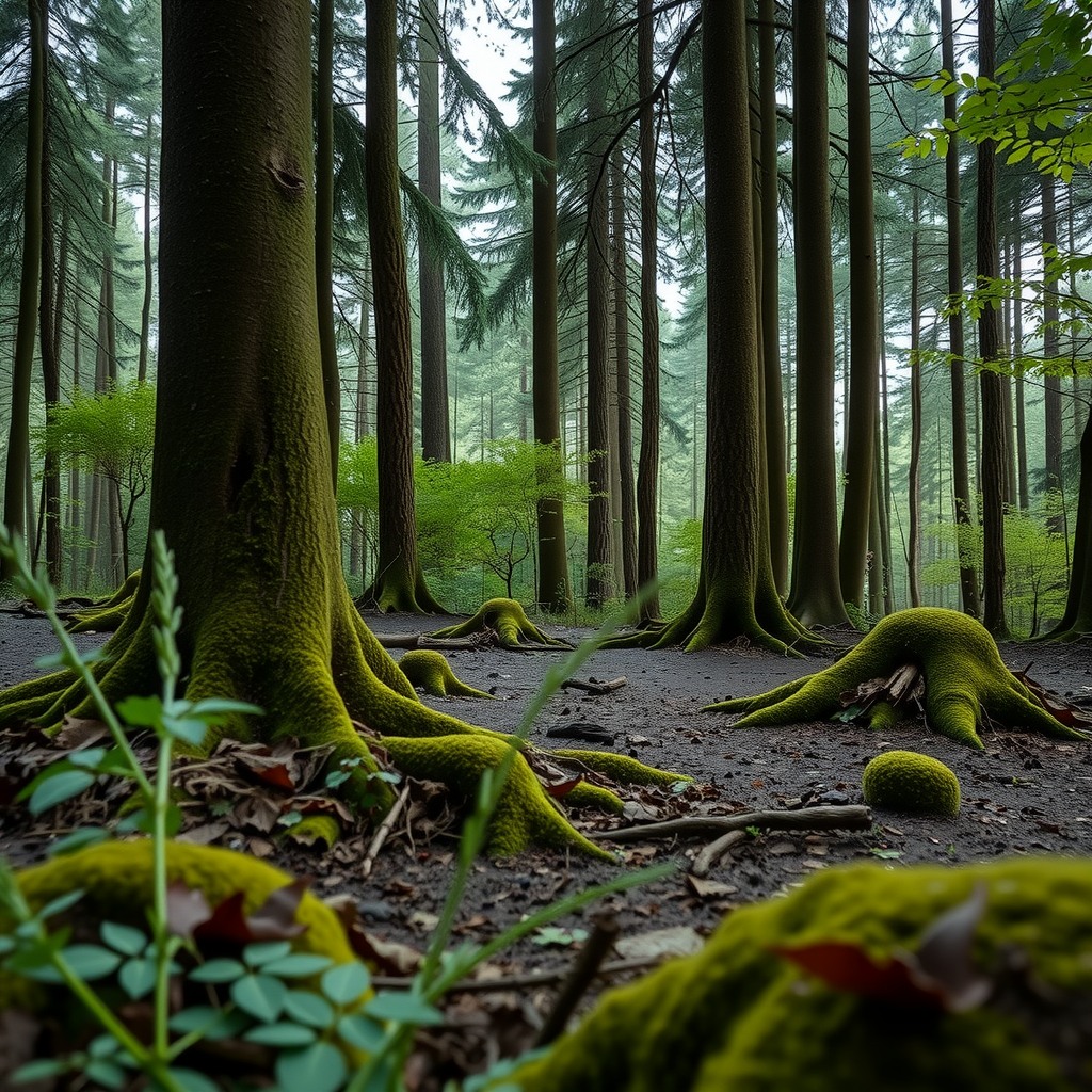 Photo-realistic editorial photography, realistic scene representing forest floor