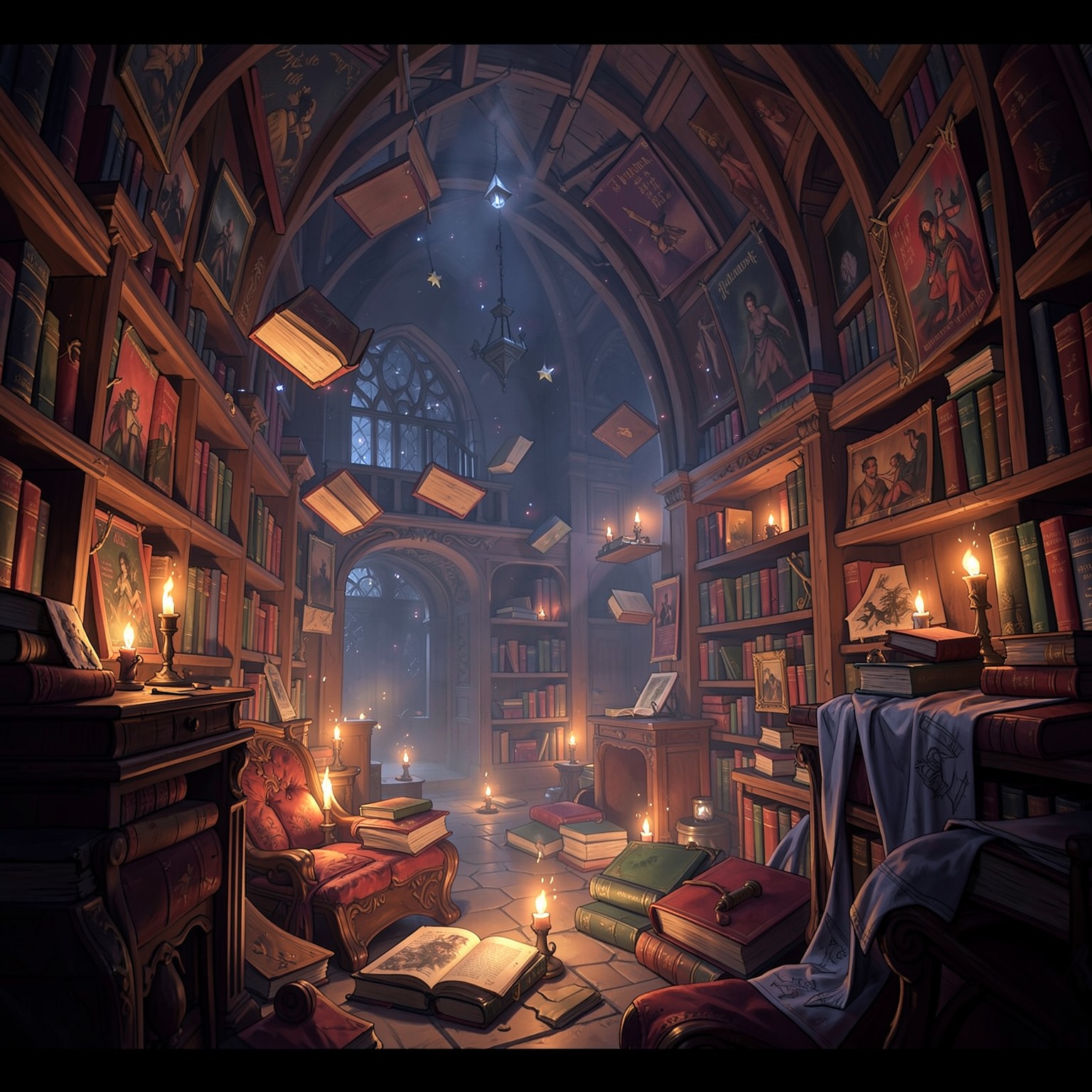 magical library with floating books and glowing candles