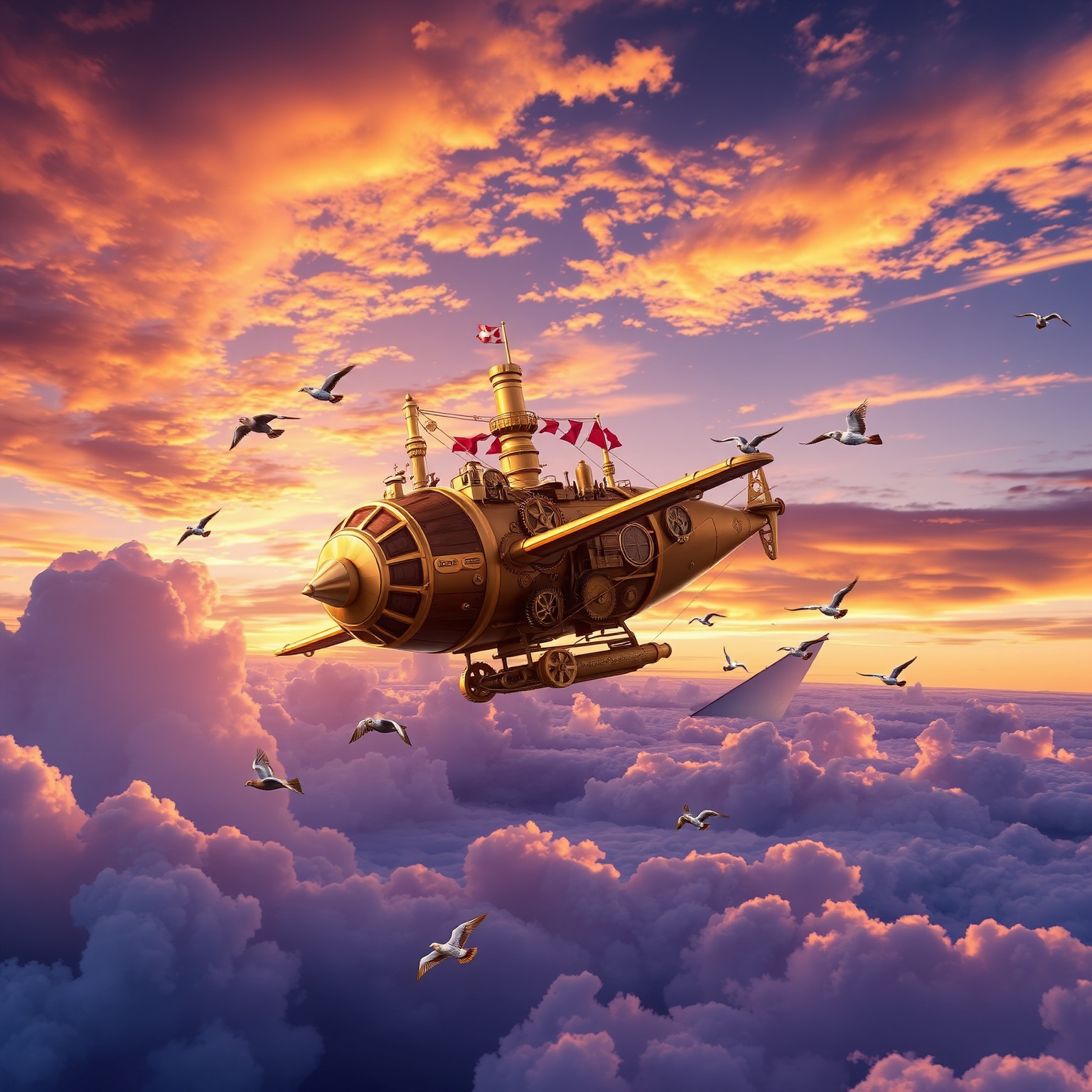 Whimsical steampunk airship soaring through a colorful sunset sky.