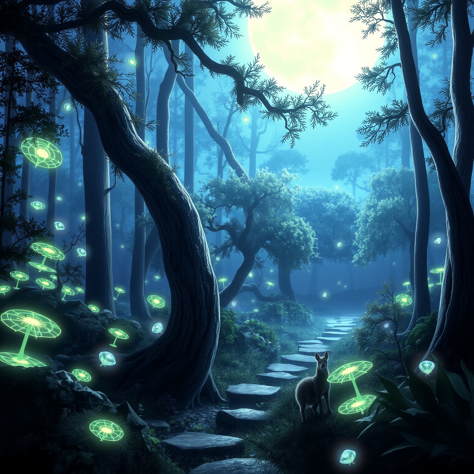 An ethereal forest bathed in moonlight, with bioluminescent plants and mystical creatures peeking through the trees, creating a magical and dreamy atmosphere.
