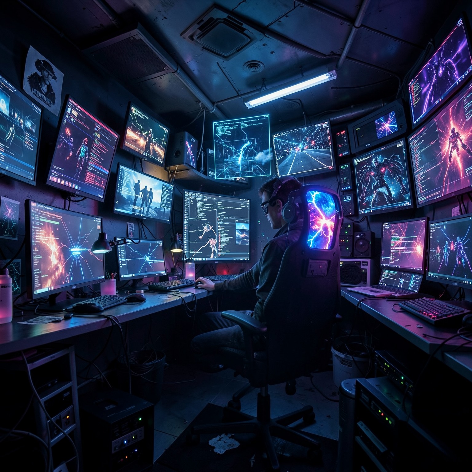 cyberpunk hacker room full of RGB screens and holograms