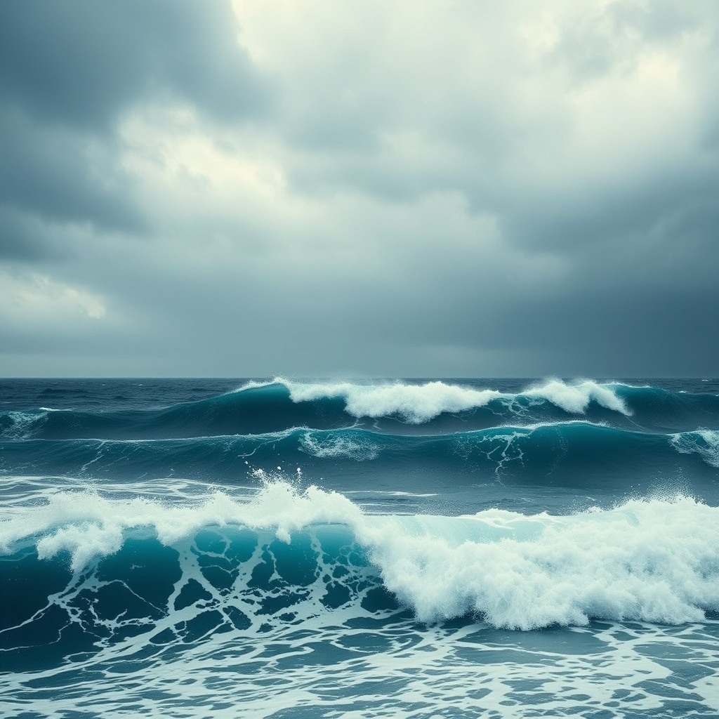 dramatic storm over the ocean, huge waves, cinematic wide angle