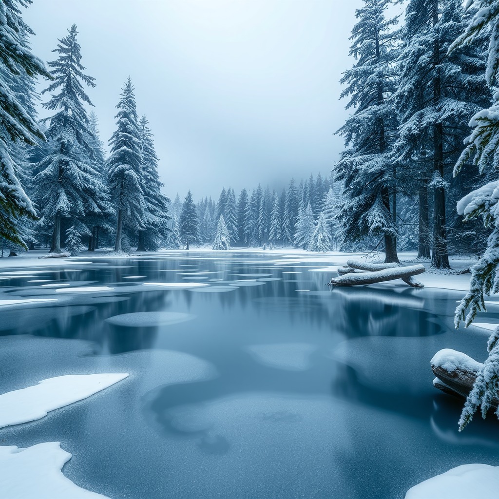 Realistic photograph of a frozen lake surrounded by pine trees, cold blue tones