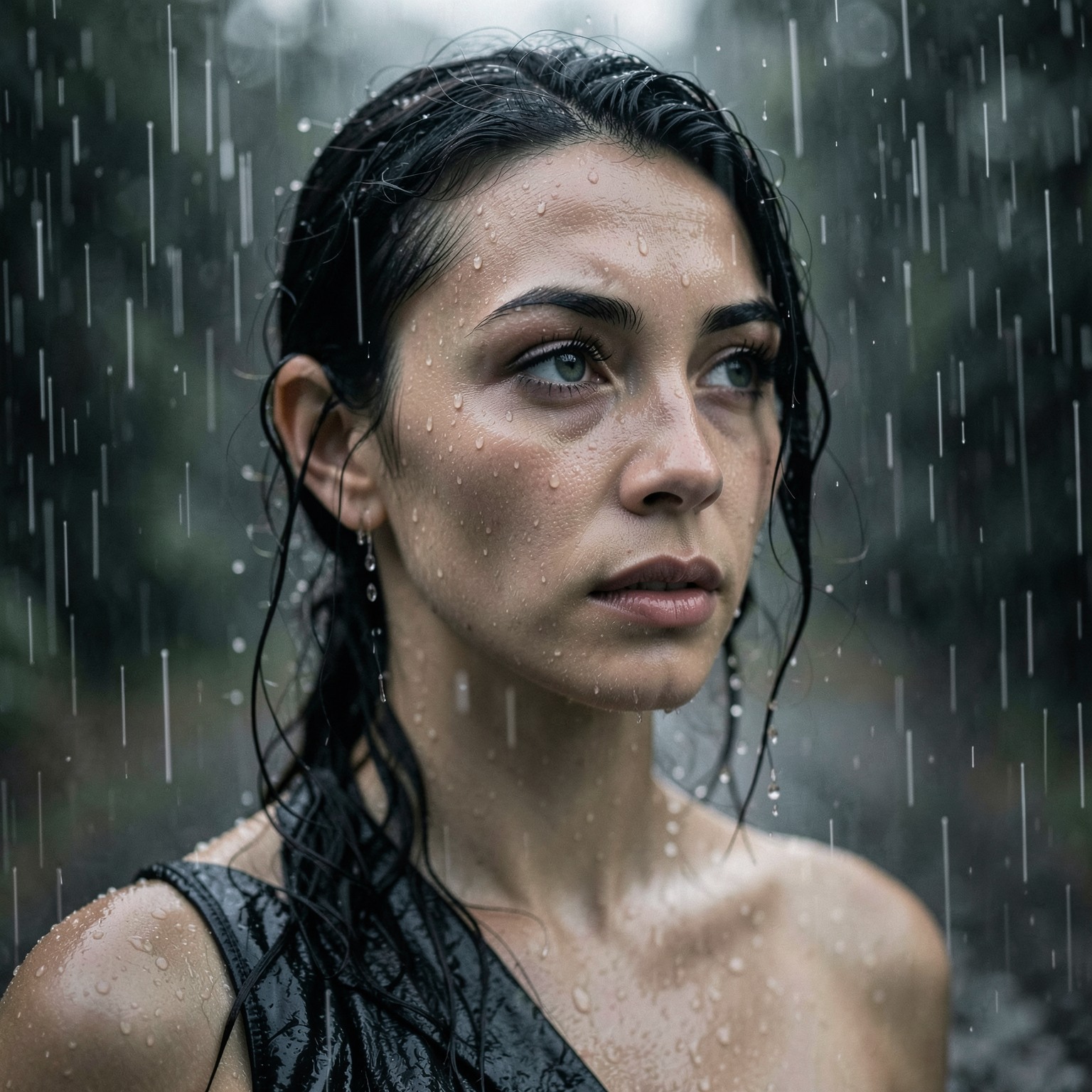 Cinematic portrait of woman in rain with water droplets on skin, ultra realistic