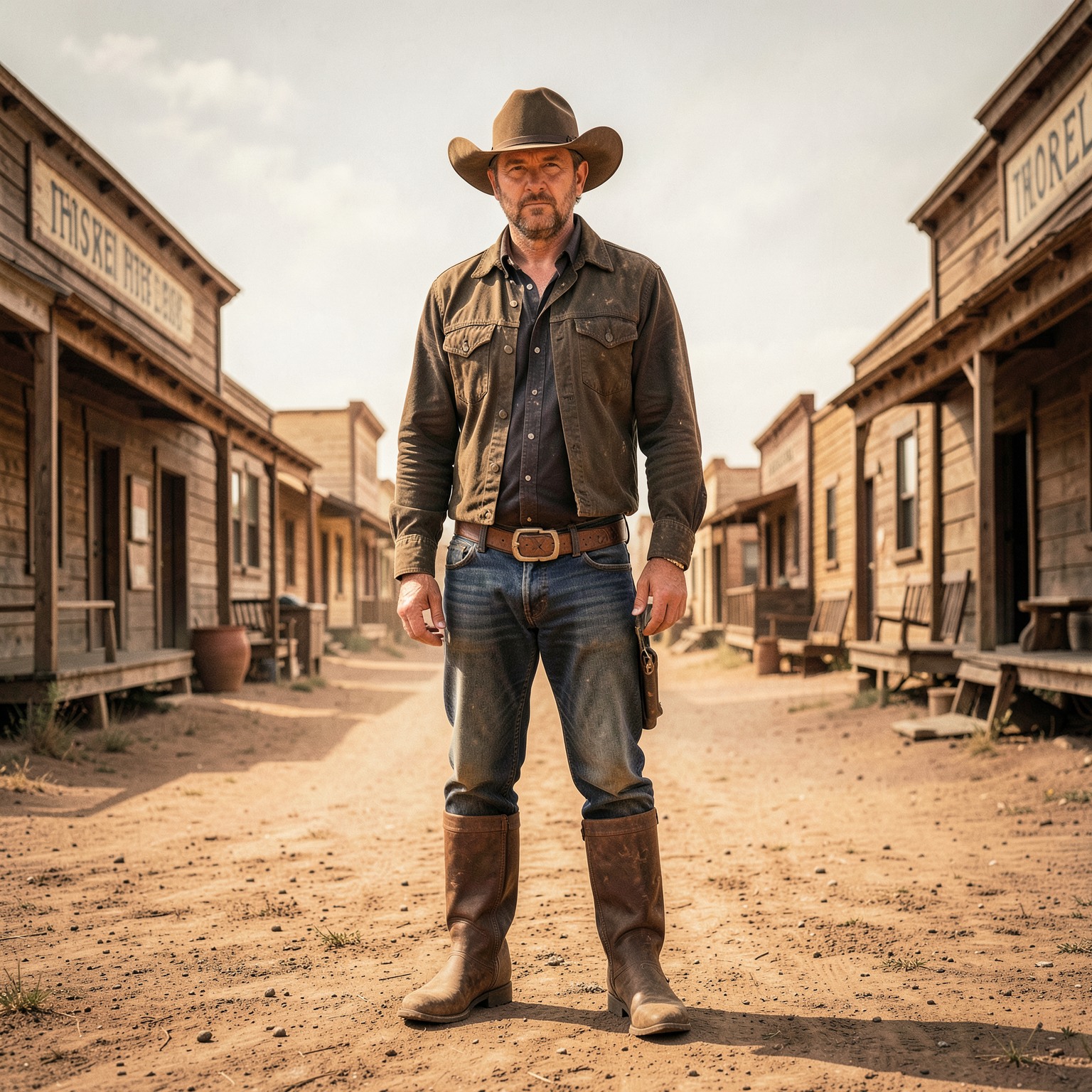 cinematic cowboy standing alone in dusty western town