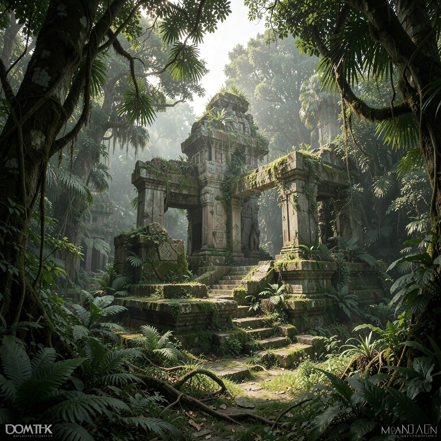 ancient ruins hidden in jungle, fantasy realism
