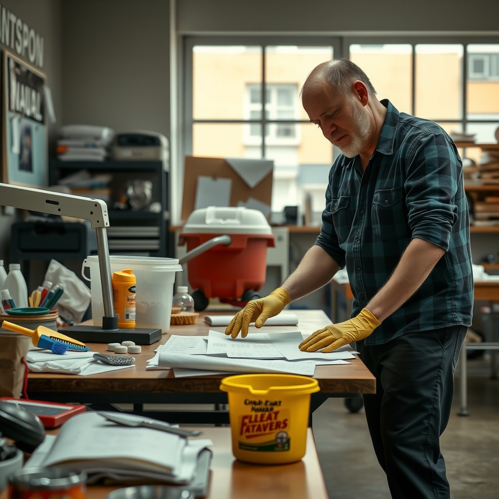 Photo-realistic editorial photography, realistic scene representing a man cleaning workspace