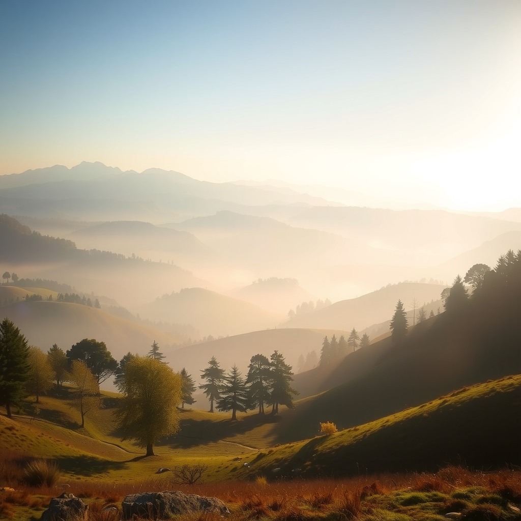 Realistic landscape of a remote valley with scattered trees and morning mist