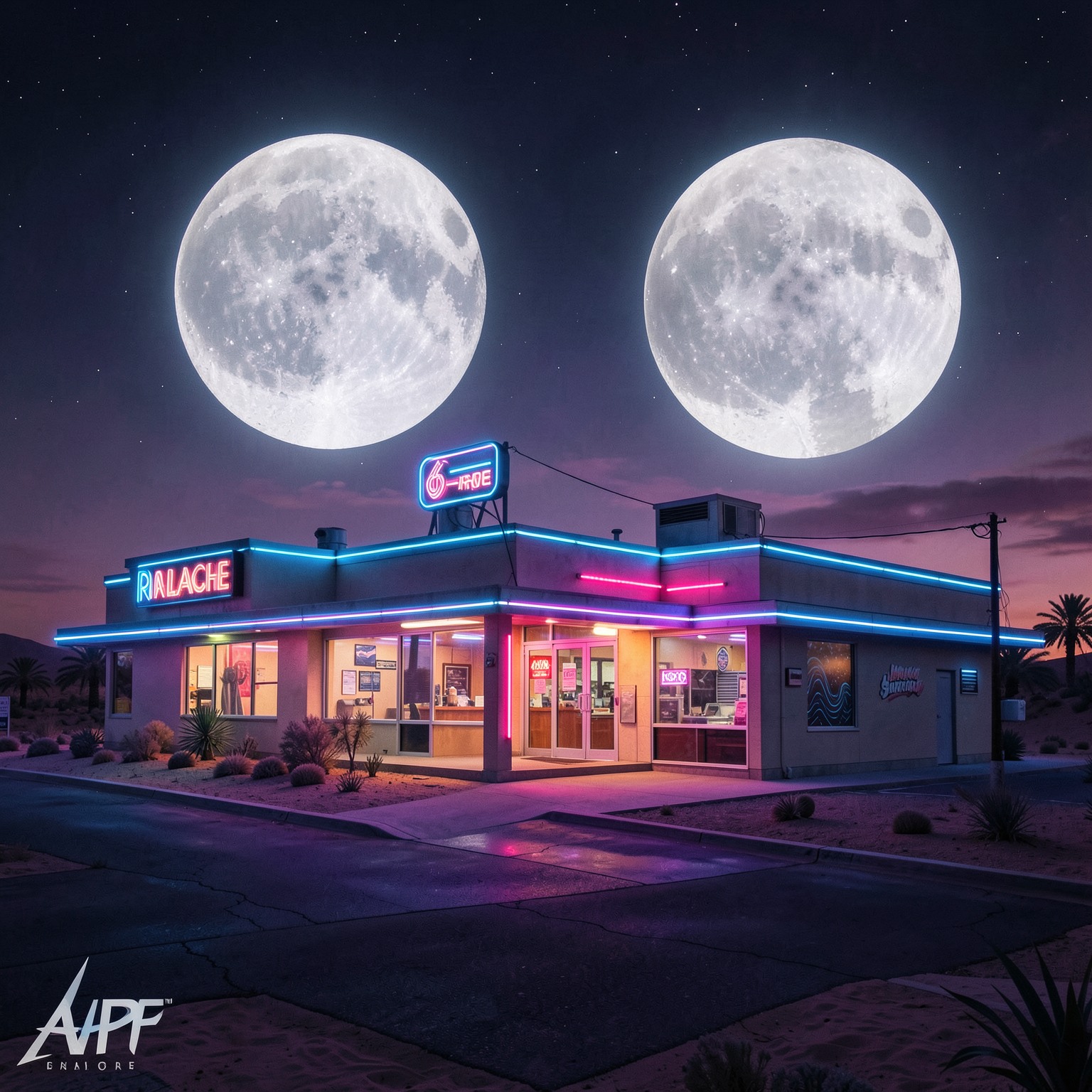 Retro-futuristic motel in the desert under twin moons, synthwave lighting, cinematic composition